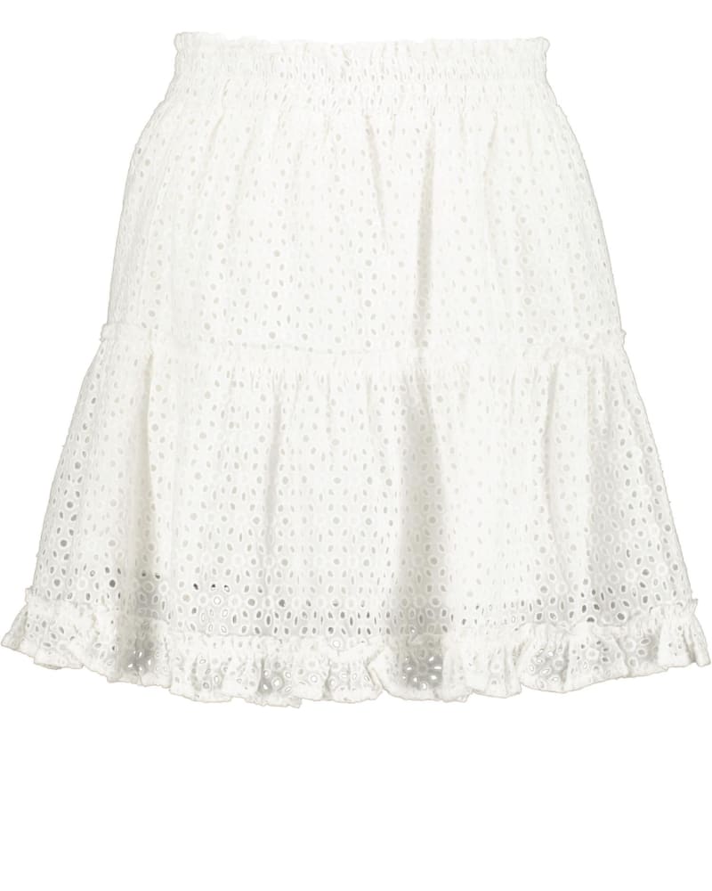Front of a size L Eyelet Ruffle Mini Skirt in White Eyelet in White Eyelet by bishop + young. | dia_product_style_image_id:338619